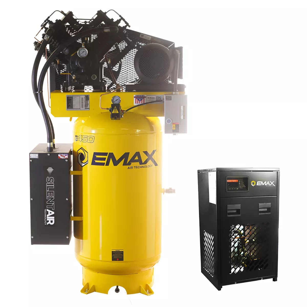 Emax Compressor 10HP Silent Air Compressor 3 Phase 80 Gallon Vertical w/ 58 CFM Dryer Whisper Series Industrial EMXESP10V080V3PK