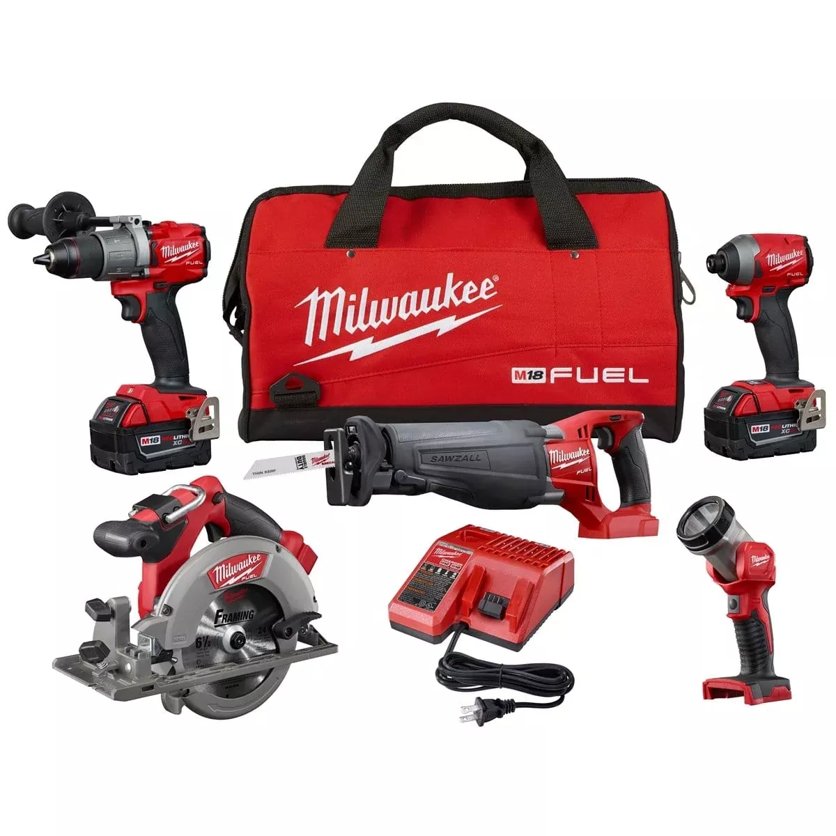 Milwaukee 2997-25 M18 Fuel 5-Pc Combo Sawzall/ Circular Sahammer Drill/ Hex Imp/ Light (2) Xc Batt Kit