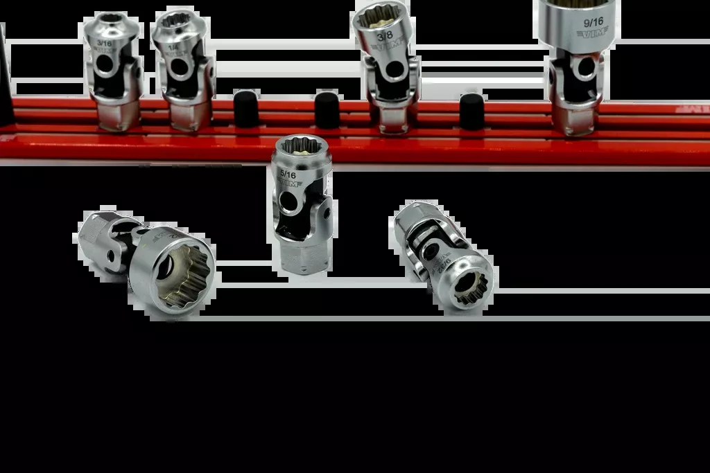 Vim Tools DDSUJ400 Low-Profile Dual Drive Spring Loaded UJ SAE Socket Set 3/16″- 9/16″ 12 Point, 1/4″ Square Drive plus 11mm Hex Outer Drive