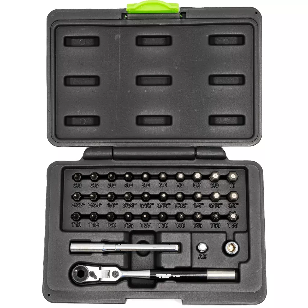 Vim Tools FRBB34 Flex Head Ratchet 34 Piece Ball End Bit Set, Hex Inch 3/32″-3/8″/Hex Metric 2mm-10mm/Torx T10-T55, T-Handle w/Spinner Sleeve and 1/4″ Socket Adapter